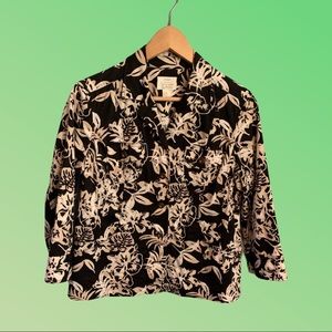 Christopher & Banks Floral Womens Blazer Black White Tan Hibiscus Stretc…